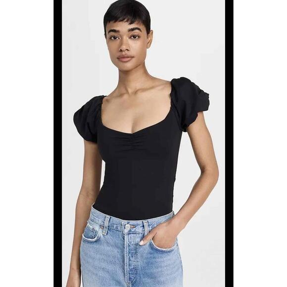 Free People Black Short Puff Sleeves Sweetheart Neck Fitted Top Womens Top S/M - Picture 1 of 16